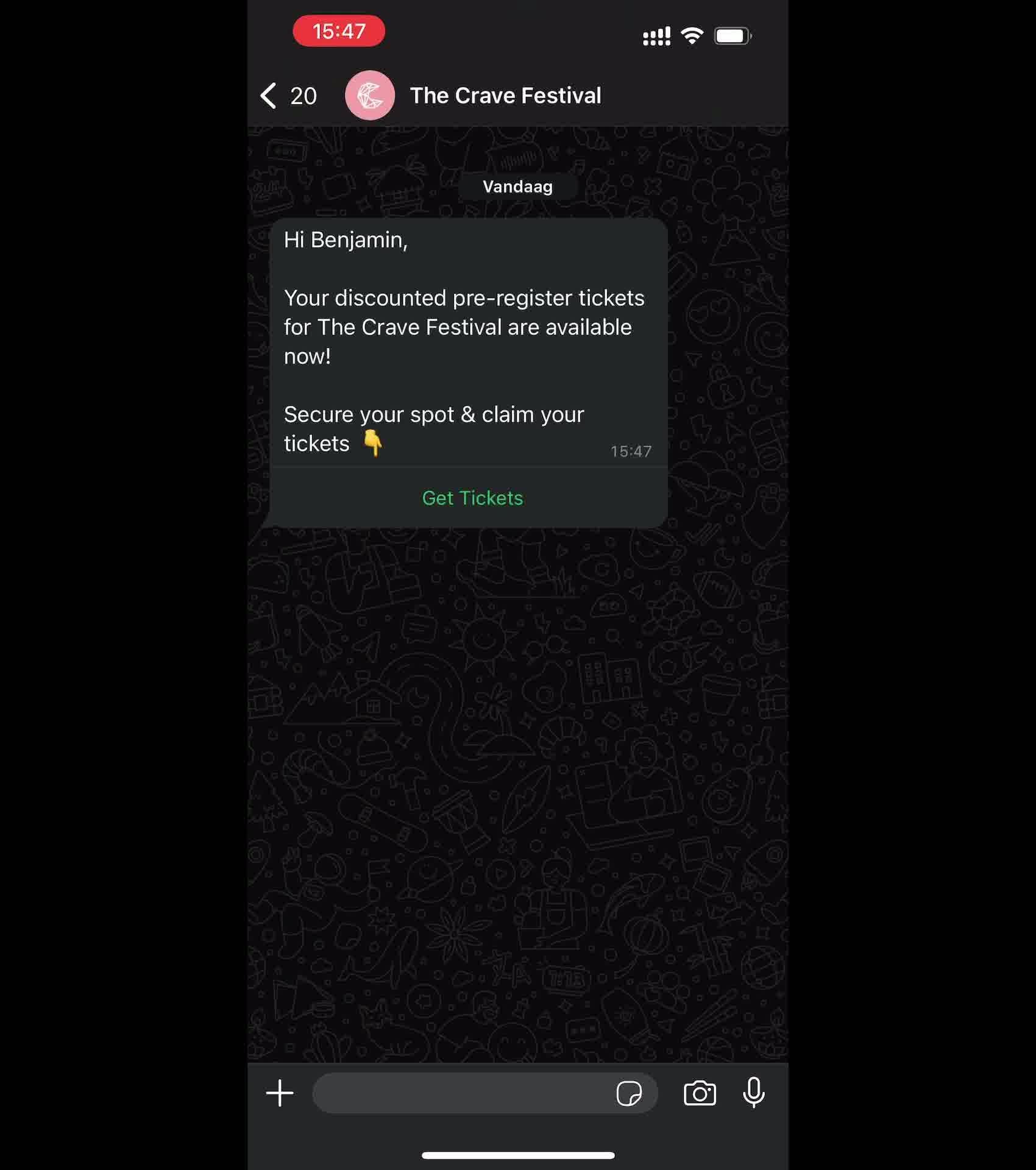 WhatsApp message with ticket offer